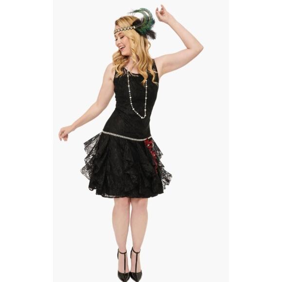 Unique Vintage Black Lace & Red Flowers Ruffle Flapper Dress 1920S Sz1X # 30 - Picture 3 of 10